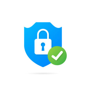 Closed protection system. Blue shield with closed lock and checkmark sign. Security guard symbol